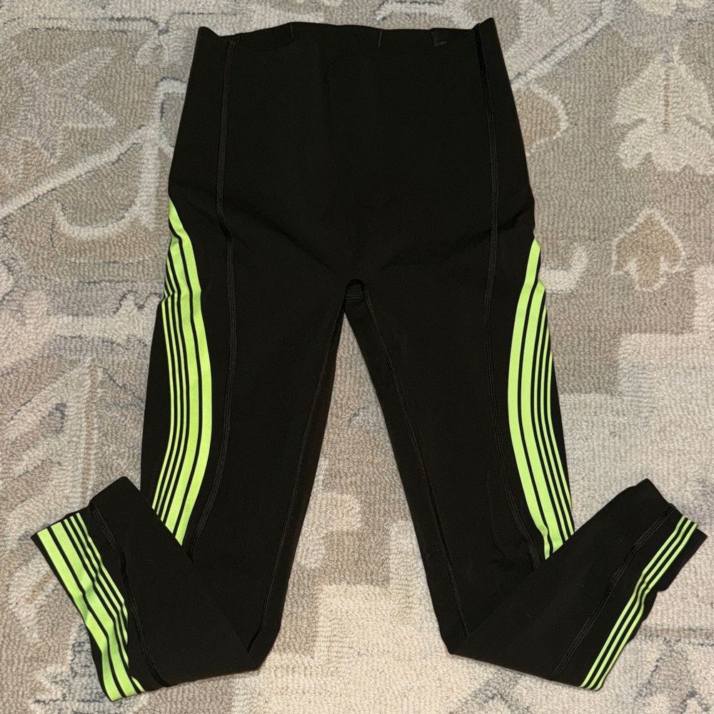 Spanx Army Green and Florescent Yellow Side Striped 7/8 Leggings